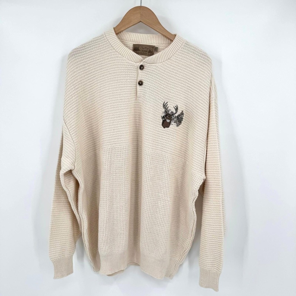 Shenandoah Vtg Cream Textured Henley Sweater Embroidered Buck Deer Cabin XXL Men